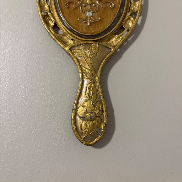 Vintage Ornate Hand Mirror Floral Art Nouveau Gilt Metal Vanity Decor - Picture 7 of 9